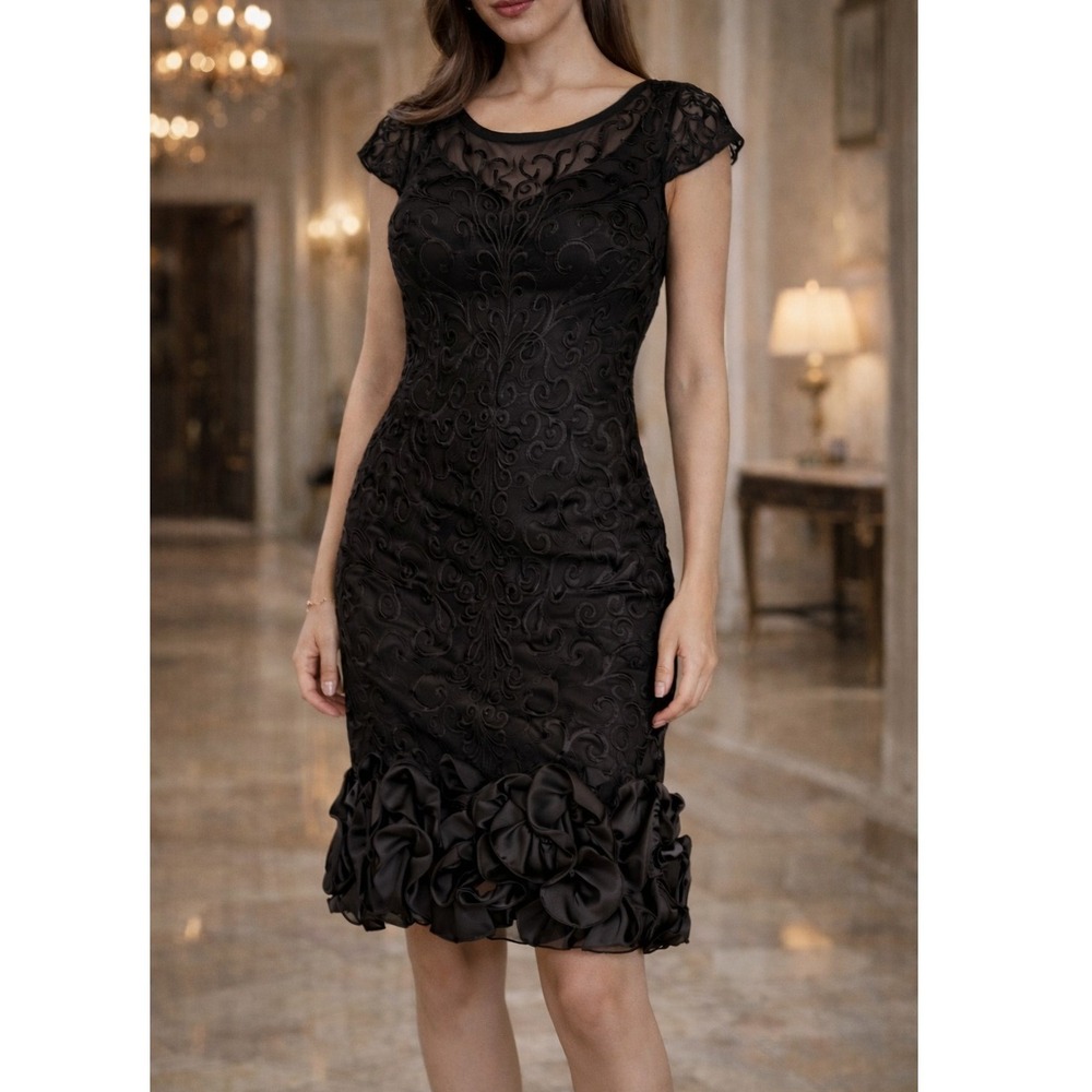 GUESS Black Lace Cocktail Floral Scroll & Rosette Midi Dress Women's SZ 6
